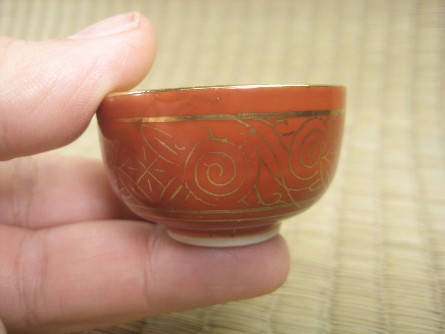 Antique Japanese (C.1900) Hand Painted Ceramic Sake Cup Red Body & Gold Bowl