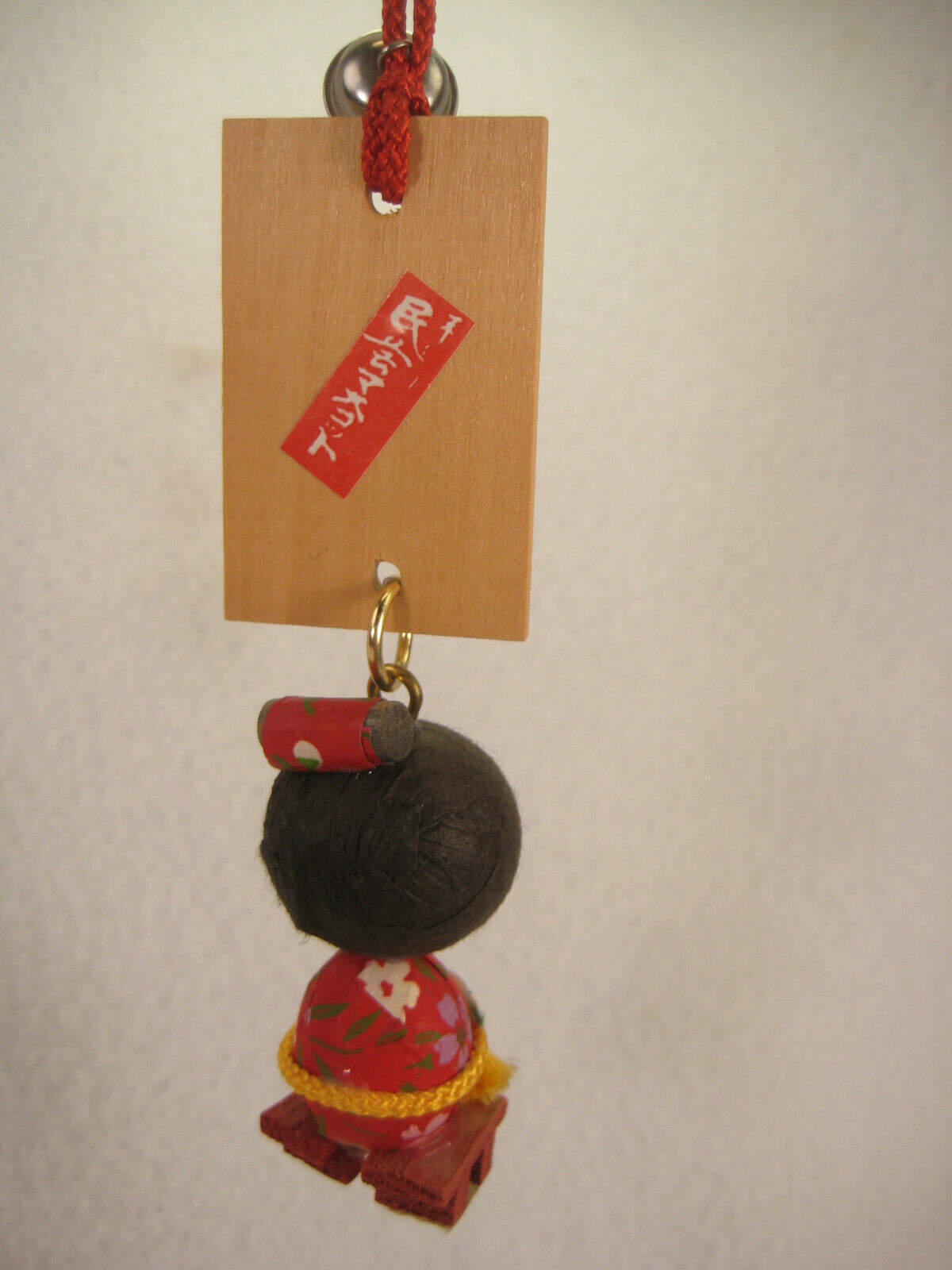 Vintage Japanese Kokeshi Wooden Doll Paper Kimono W/ Plaque Flowers 4.5"