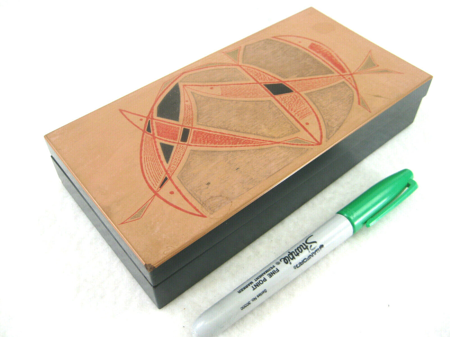 Vintage Japanese Mid-Century Modern Fish Lacquered Wood Lidded Box Salmon