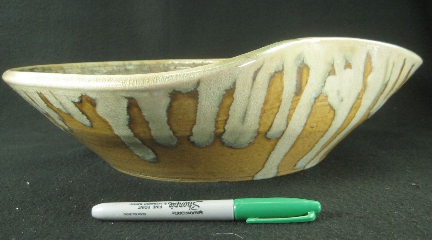 Large Japanese Ceramic Ikebana Vase With 2 kenzan Flower Frogs Attached Tan 15"