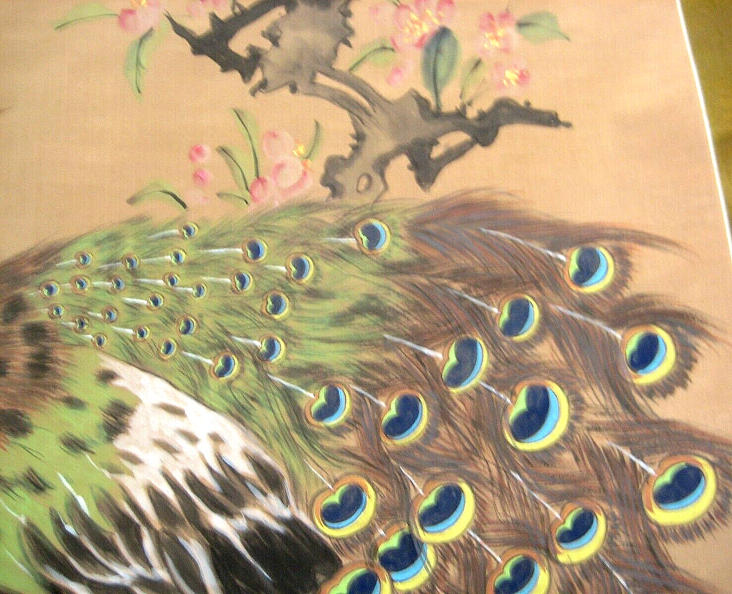 Vintage Japanese Scroll Peacock In Vivid Green & Blue Bird Painting Sumi 31X80"