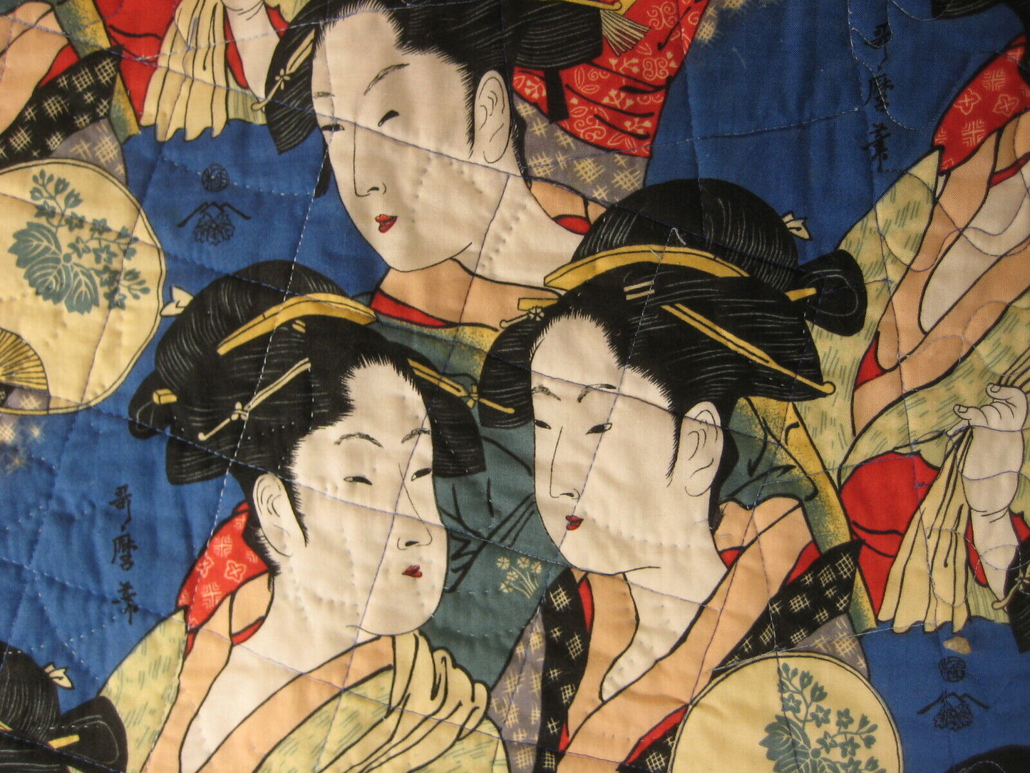 Vintage Japanese Printed Cotton Stiched Quilt Utamaro Courtesan Geisha Design