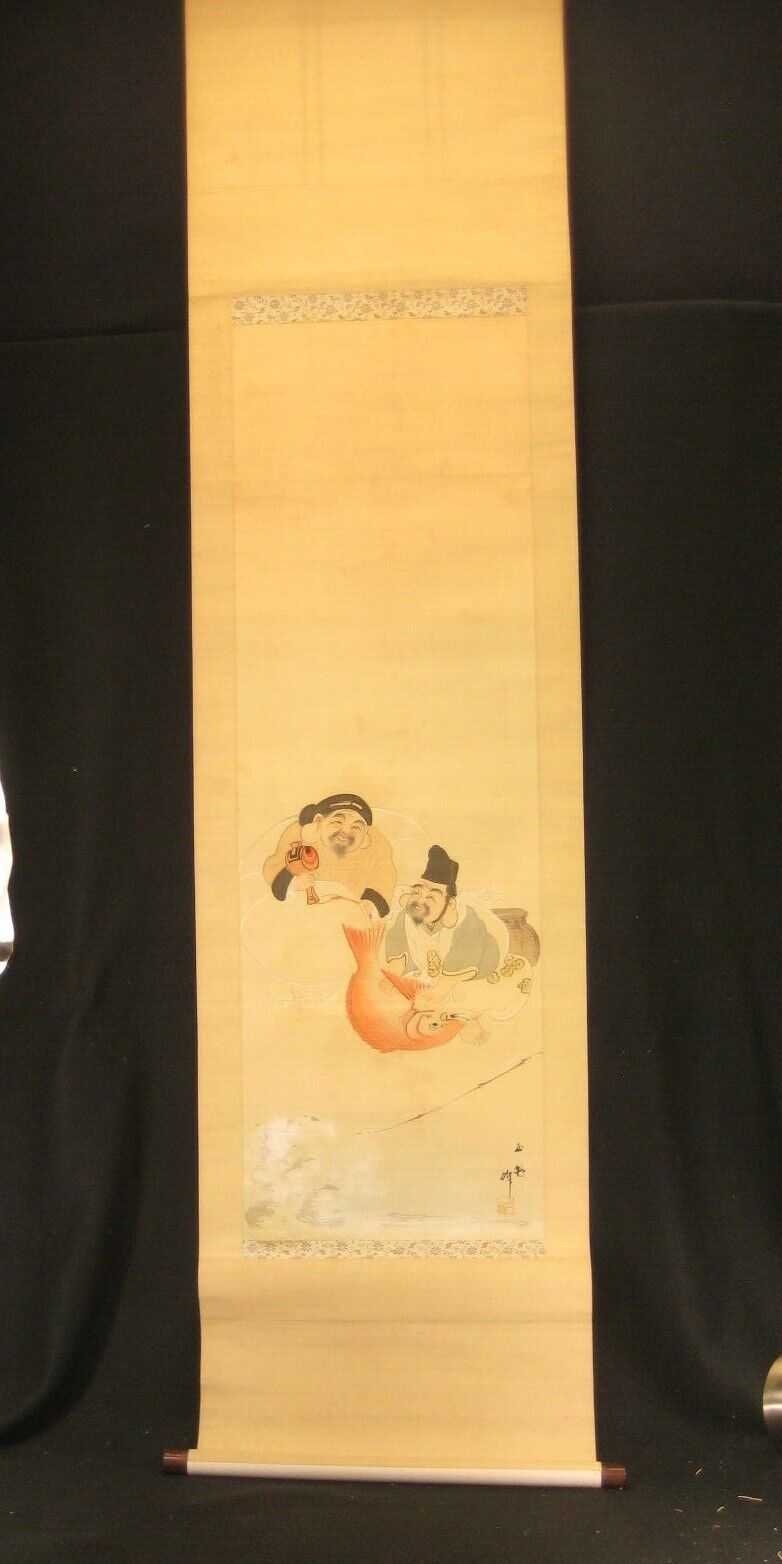 Antique Japanese Meiji Era (C.1910) Scroll Ebisu Daikoku Budhist Gods Of Luck