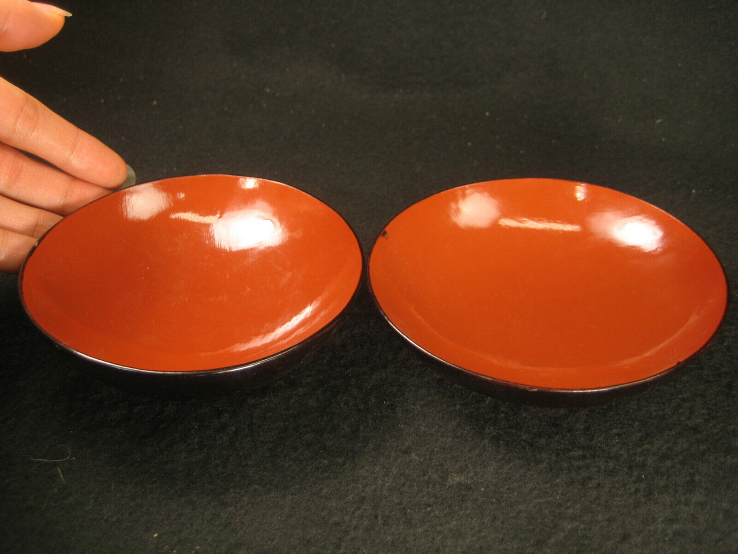 Set Of Two (2) Antique Japanese Small Red & Black Lacquer Bowls 4"