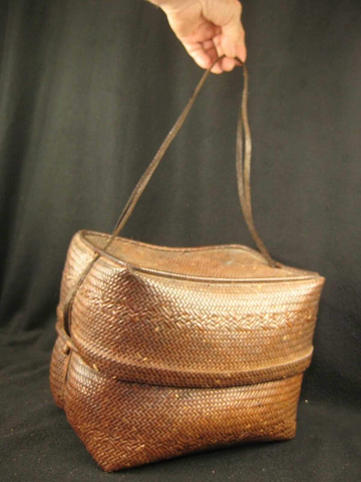 Antique Japanese Chinese Showa Era (C. 1930) Bamboo Lidded Bag Kago Basket