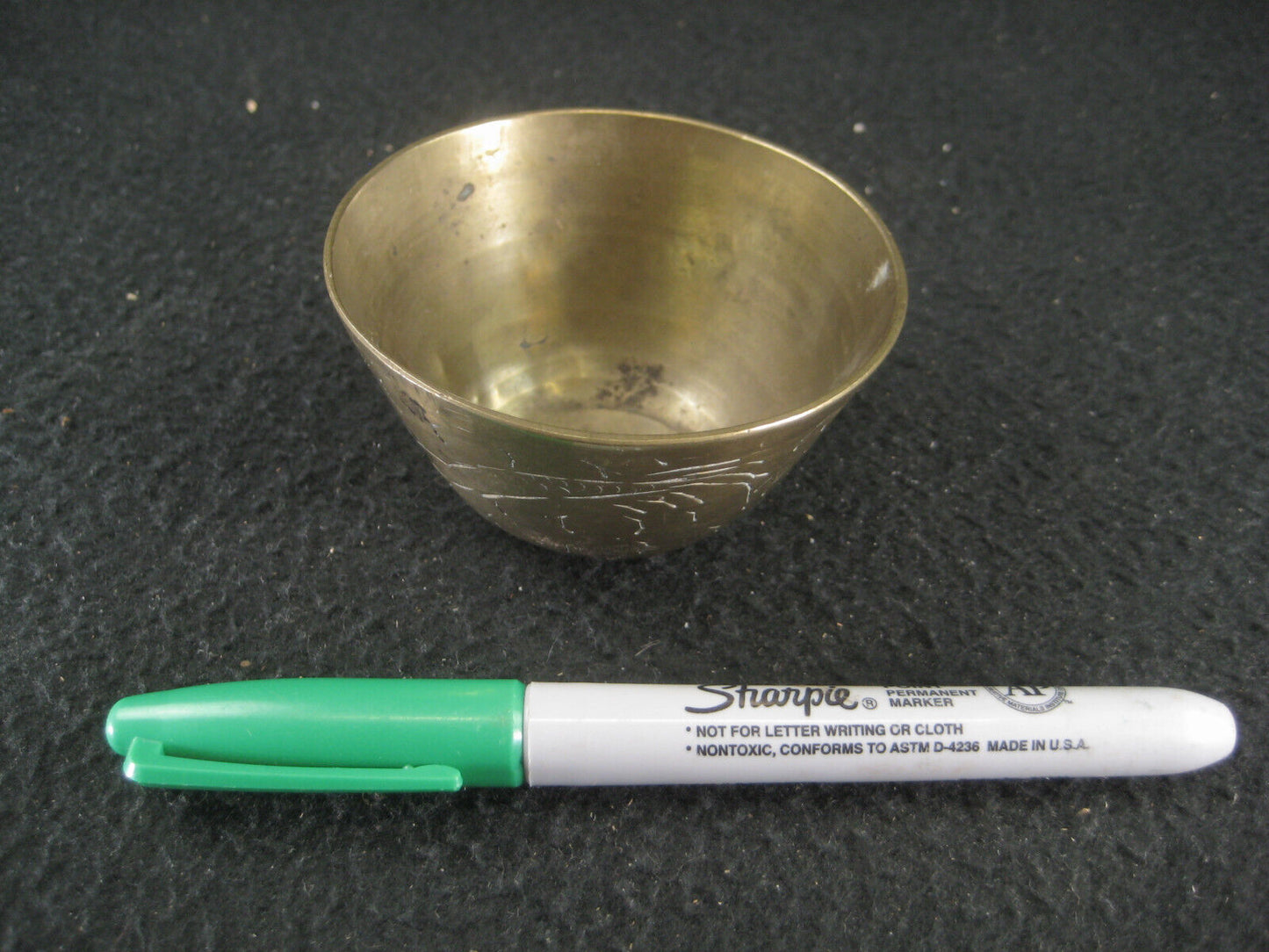 Vintage Chinese Bronze Small Hand Turned Singing w/ Etched Dragon Bowl 3"