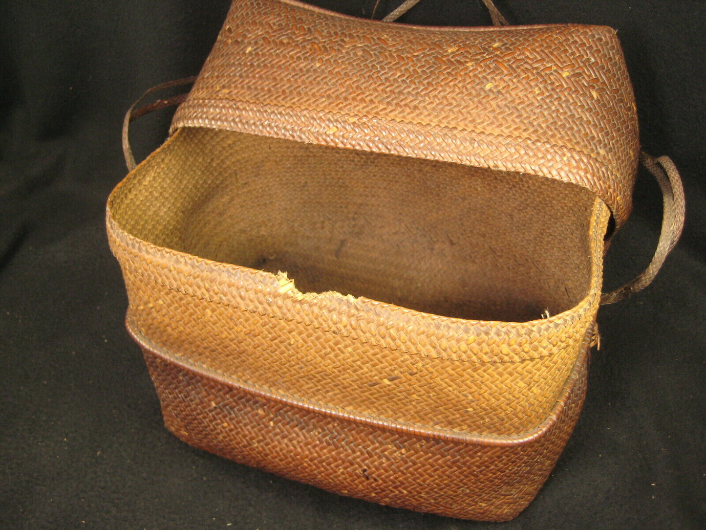 Antique Japanese Chinese Showa Era (C. 1930) Bamboo Lidded Bag Kago Basket