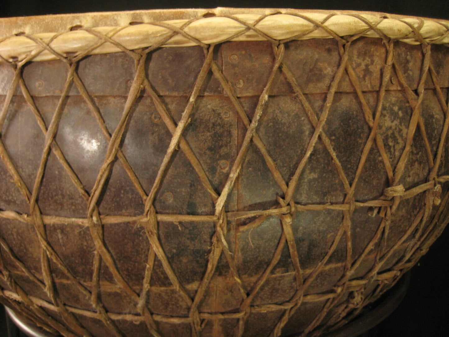 Vintage Hand Made African Kettle Drum Huge Riveted Steel 31" Drum w/ Stand