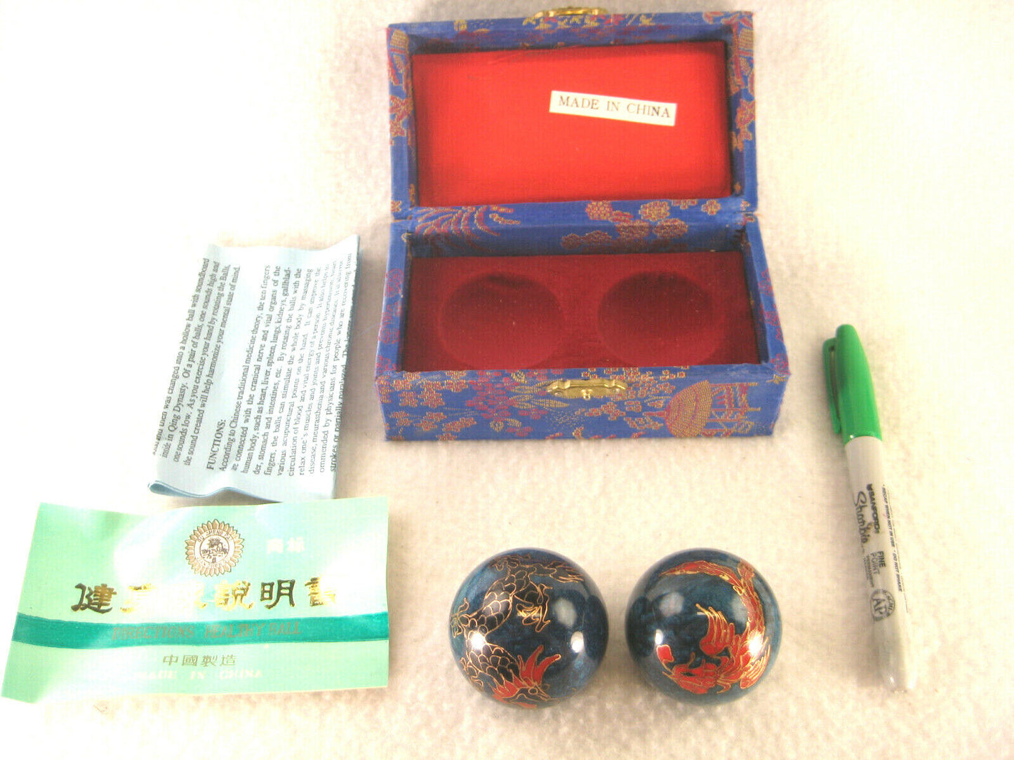 Set Of Chinese Hand Exercise Balls Blue With Dragon And Pheonix In Blue Box