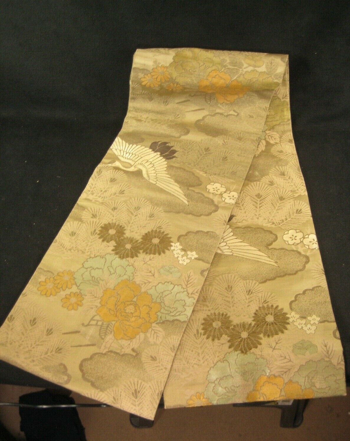 Japanese Green Obi Sash For Kimono Cranes Plum Pine Chrysanthemum Flowers