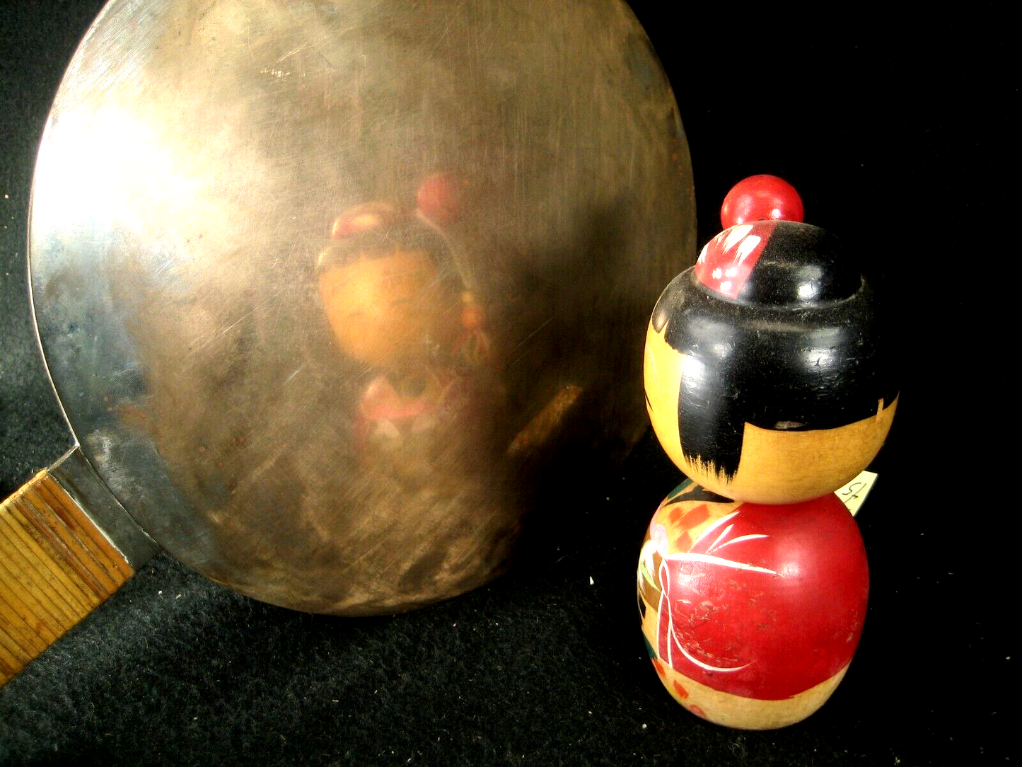 Antique Japanese Copper Signed Hand Mirror W/ Pine, Turtle, Kanji & Cranes 8"