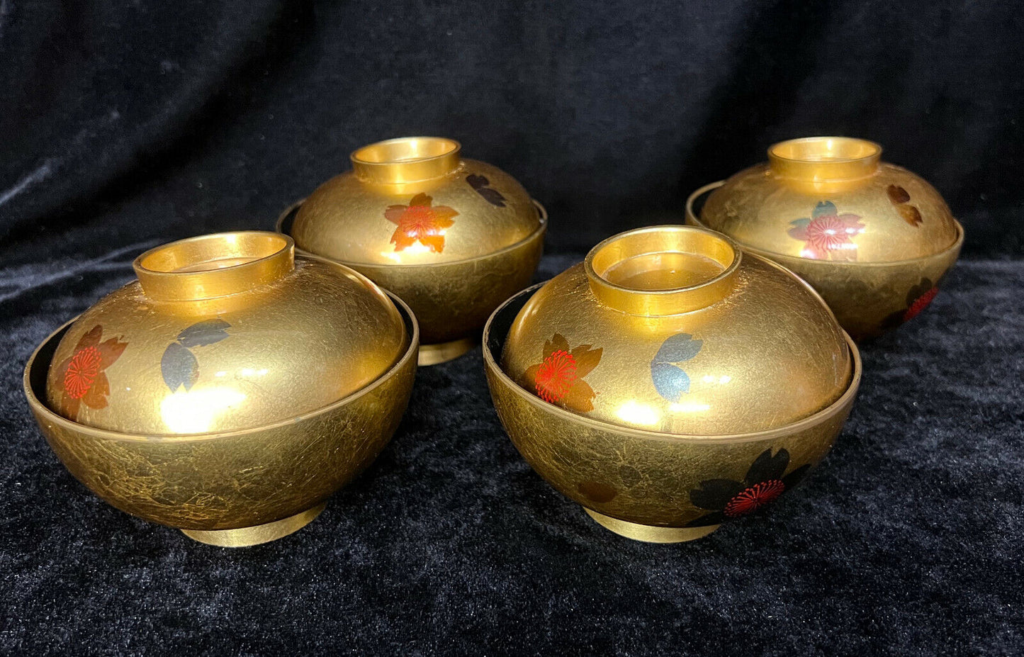 Set Of Four (4) Vintage Japanese Lidded Bowls Gold & Cherry Blossoms 4.5"