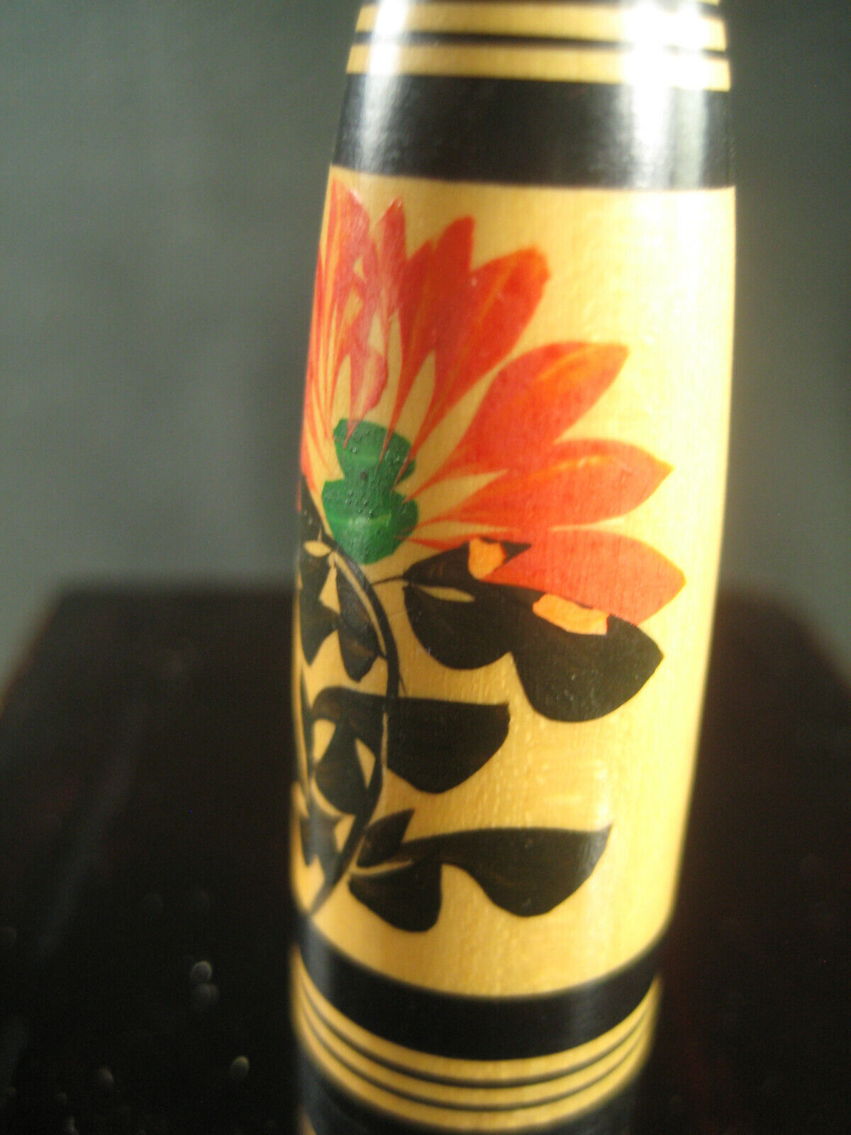 Vintage Japanese Kokeshi Wooden Doll W/ Hand Painted Red Lotus Signed 3.5"