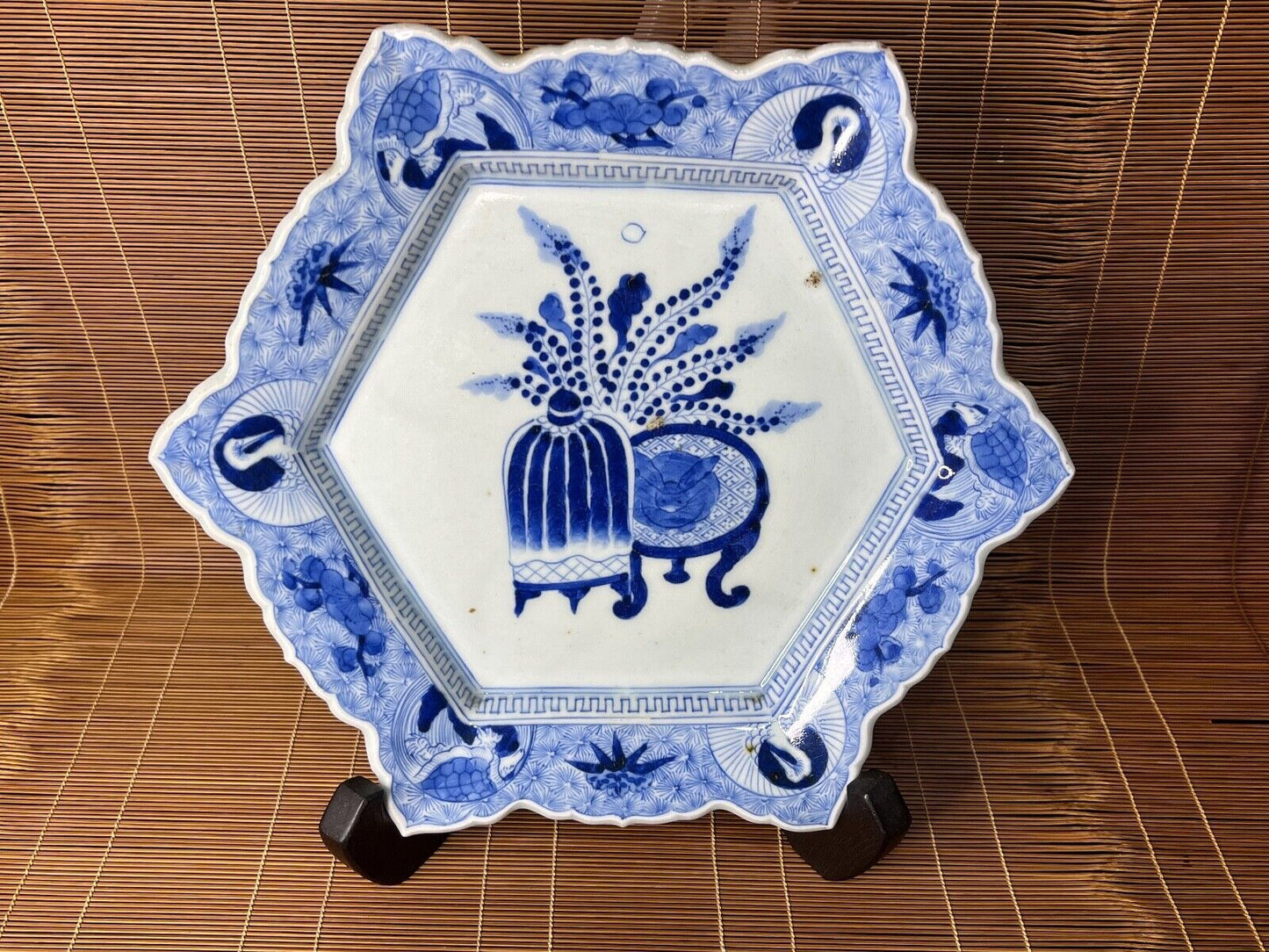 Antique Japanese 1800'S Ceramic Imari Bowl Blue & White Crane Turtle Rabbit 11"