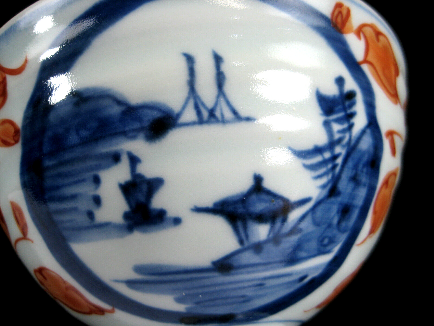 Japanese Akai Imari Ceramic Hand Painted Bowl W/ Lakes Mountains & Boats 4.5"