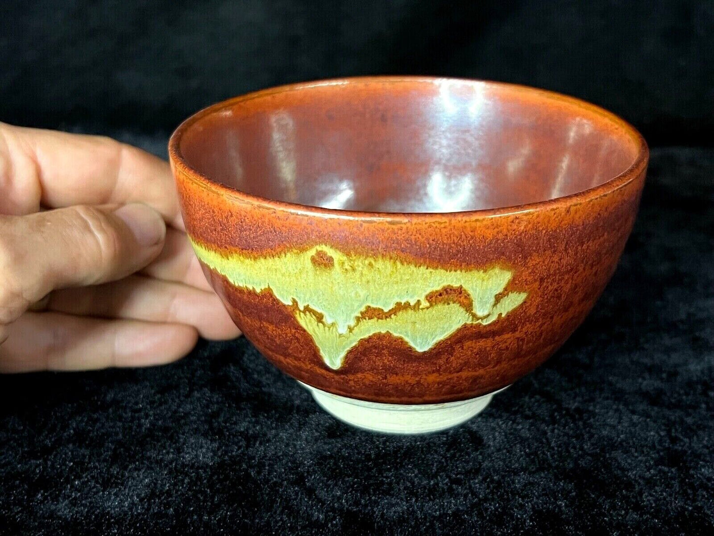 Vintage Japanese Tea Ceremony Ceramic Chawan Tea Bowl Rich Red Glaze Drip 5"
