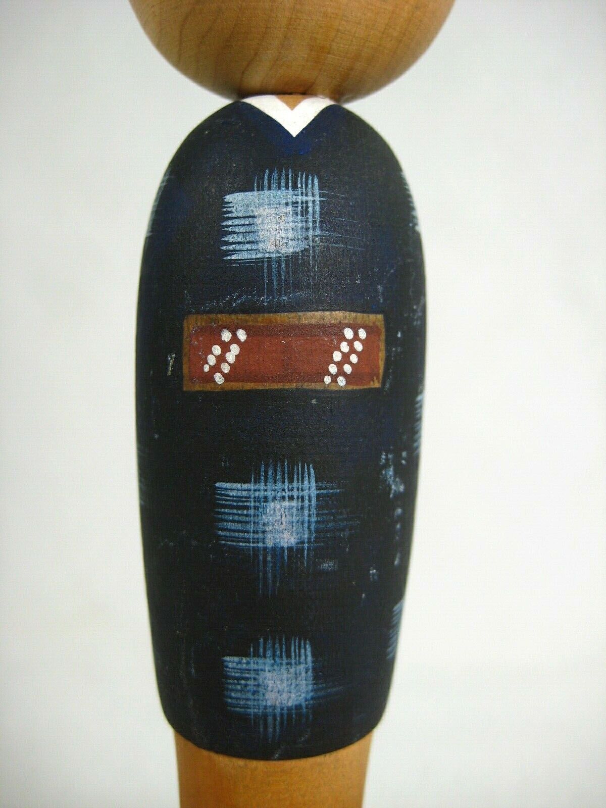 Vintage Japanese Showa Era (C.1940) Wooden Kokeshi Doll Blue Ikat Kimono 4 1/2"