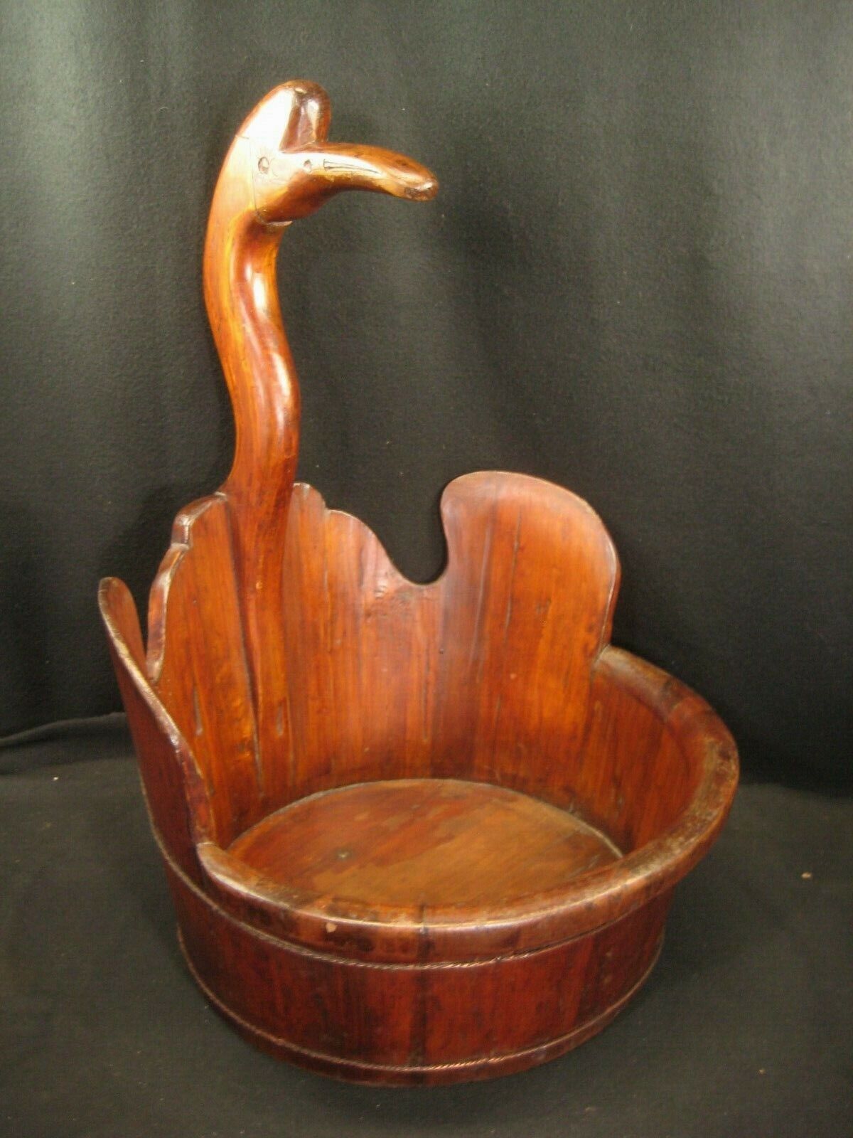 Antique Japanese Meiji Era (C.1890) Wood Wash Basin W/ Crane Of Happiness Motif