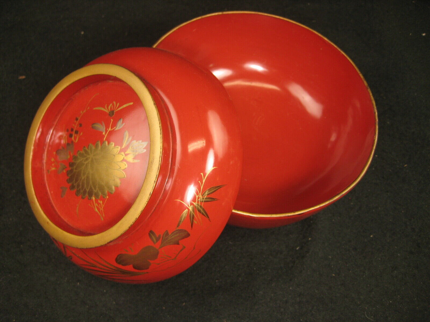 Antique Japanese Edo Era (C.1850) Lacquer Makie Wooden Lidded Soup / Rice Bowl