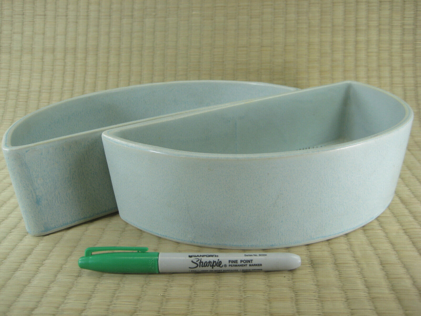 Japanese Ceramic Ikebana Vase Pair + Kenzan Flower Frogs Attached Blue 8"