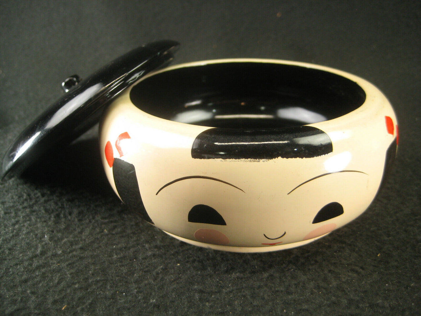 Wooden Laquer Kokeshi Head Box W/ Face Hand Painted & Lidded Cute Red Pink