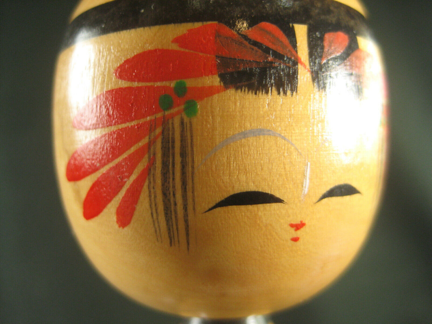 Vintage Japanese Kokeshi Wooden Doll W/ Hand Painted Red Lotus Signed 3.5"