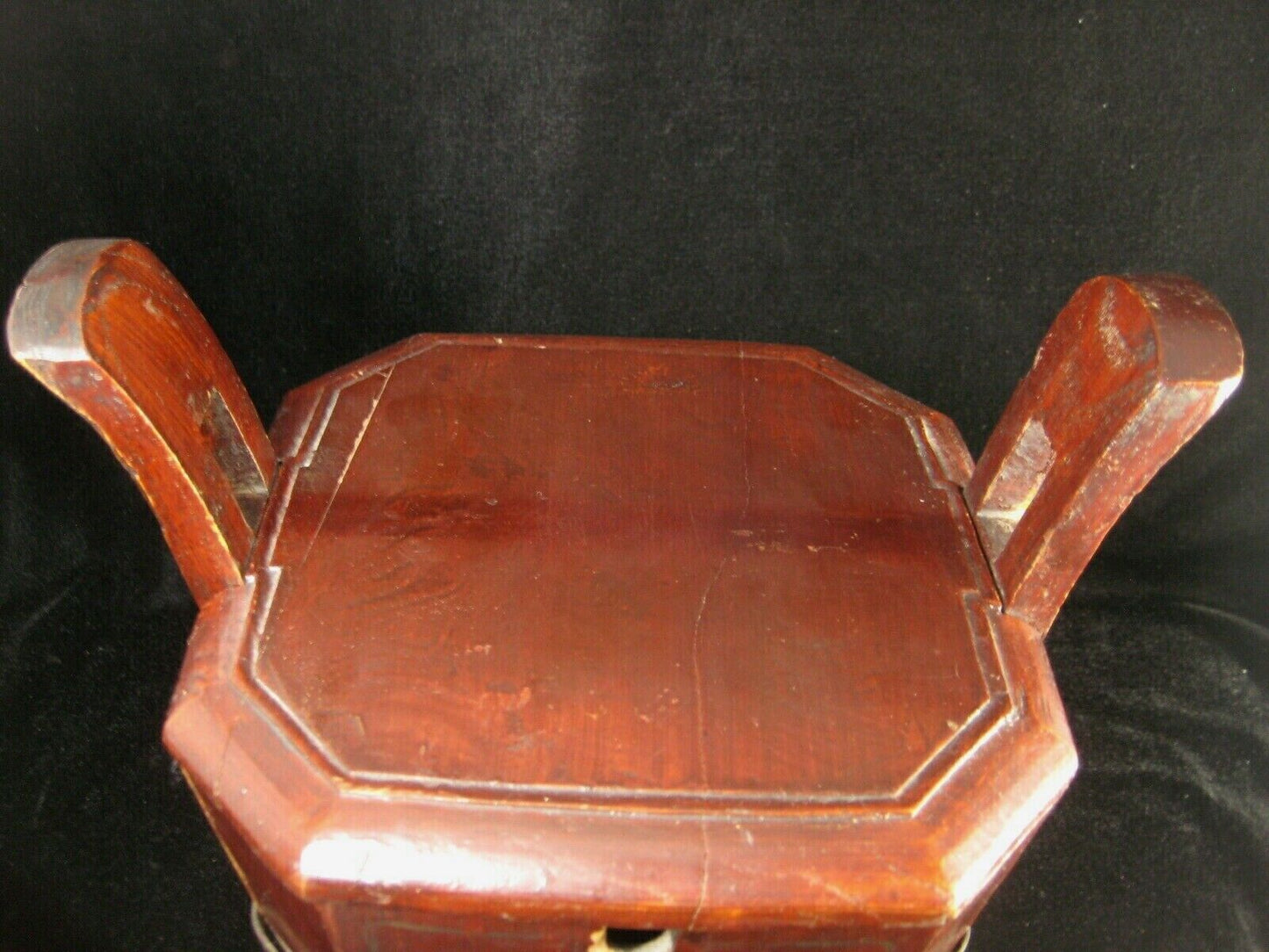 Antique Chinese Hardwood Teapot Caddy Holder W/ Bat Carving Red & Gold