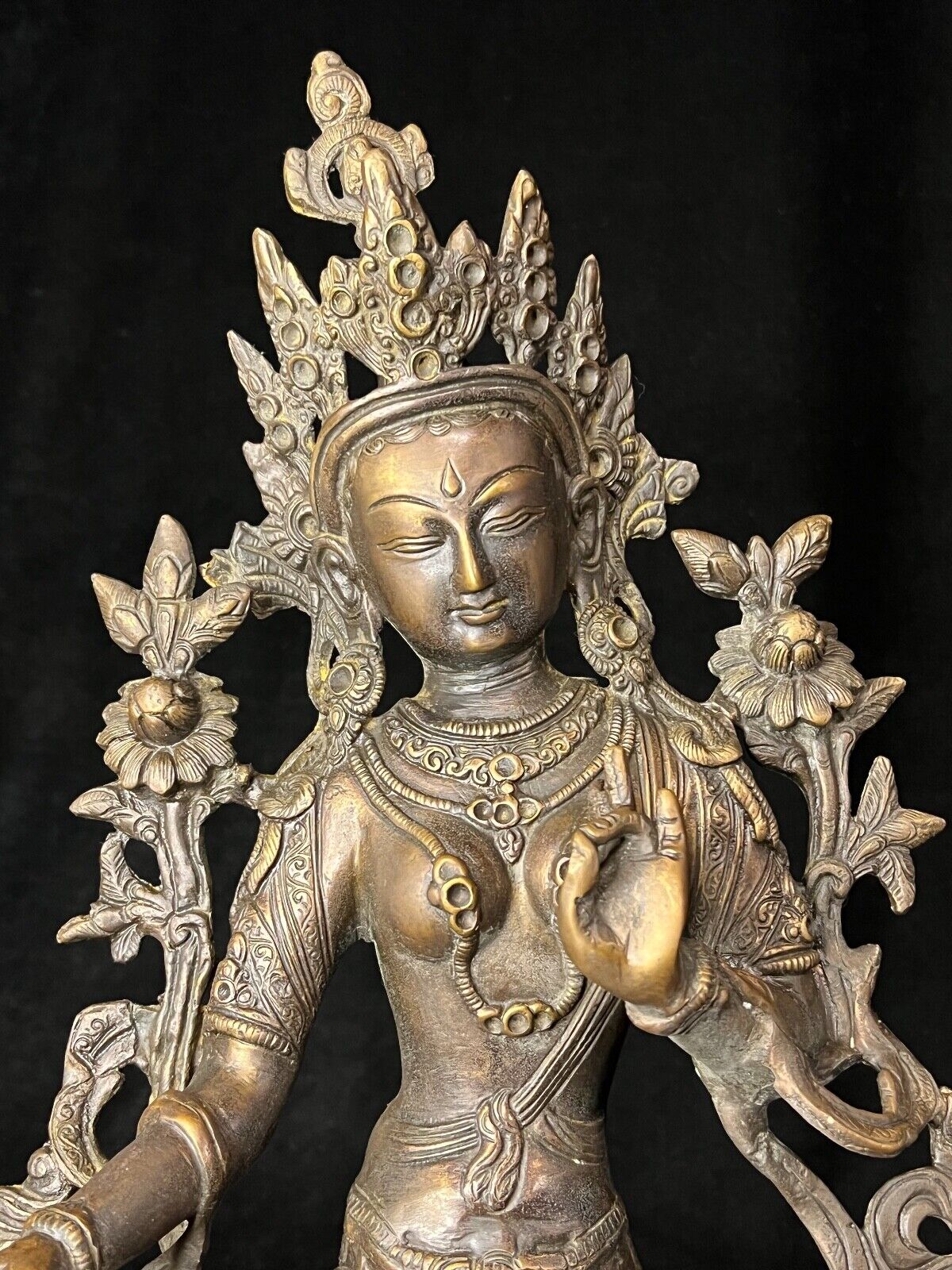 Vintage Tibetan Bronze Green Tara Statue Buddhist Goddess Of Compassion 14.5"H