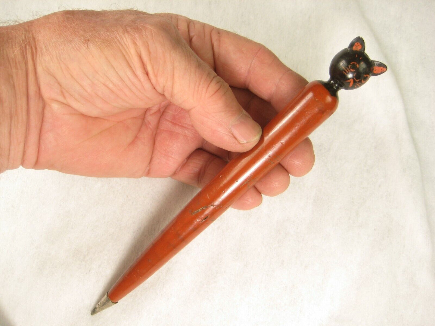 Vintage Japanese Signed Wooden Mechanical Pencil Carved Wooden Kitten Cat Head