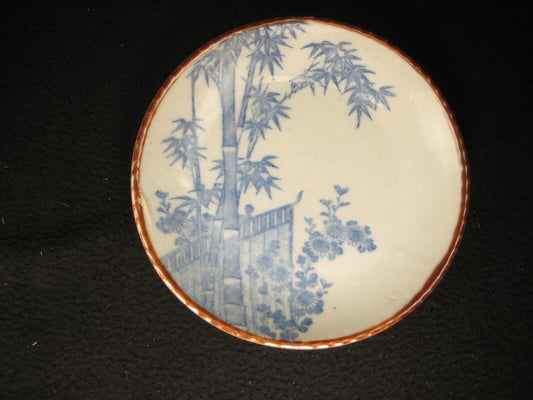 Antique Japanese Meiji Era (C1910) 7" Ceramic Blue/ White Imari Dish Bamboo