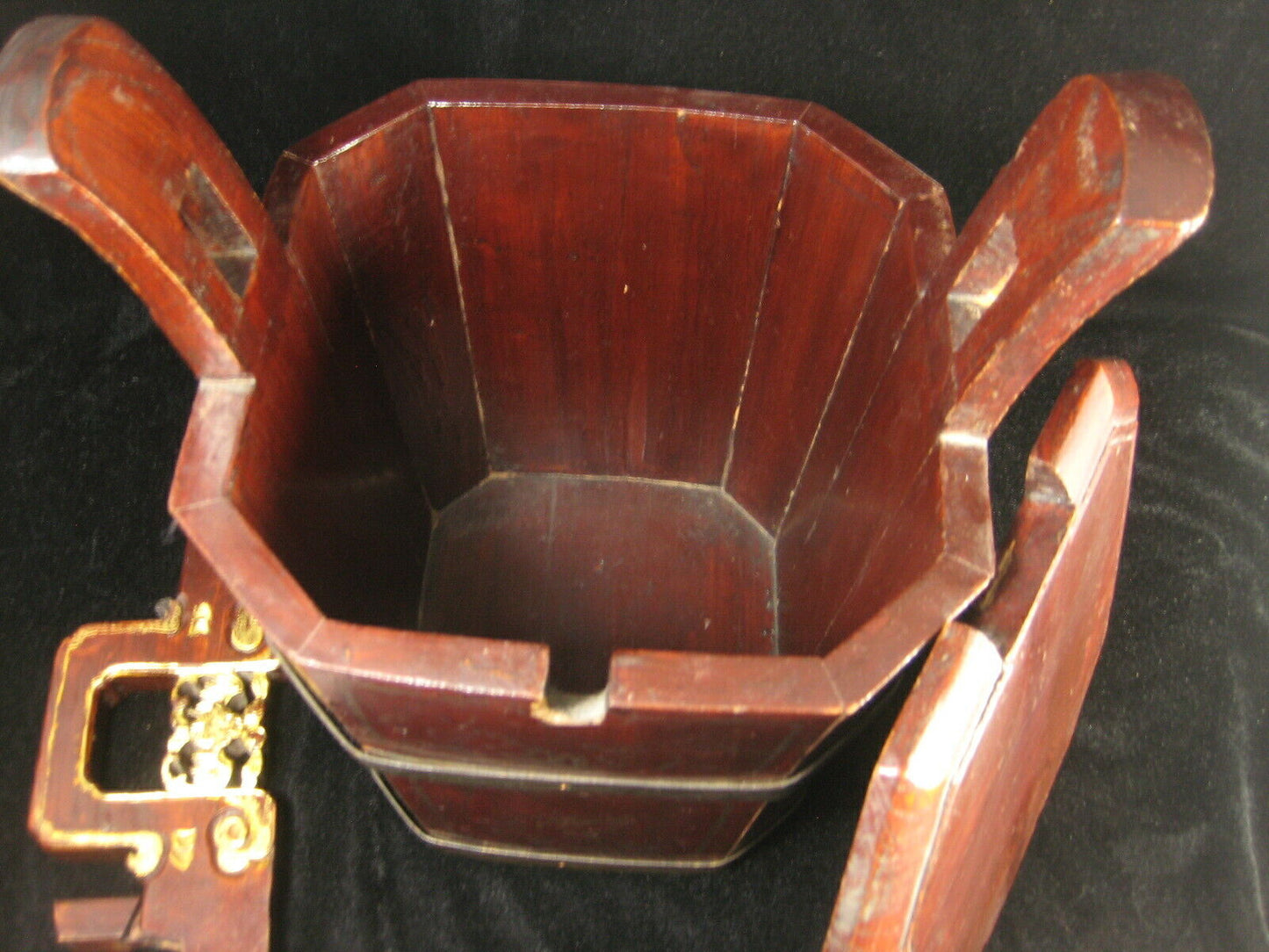 Antique Chinese Hardwood Teapot Caddy Holder W/ Bat Carving Red & Gold