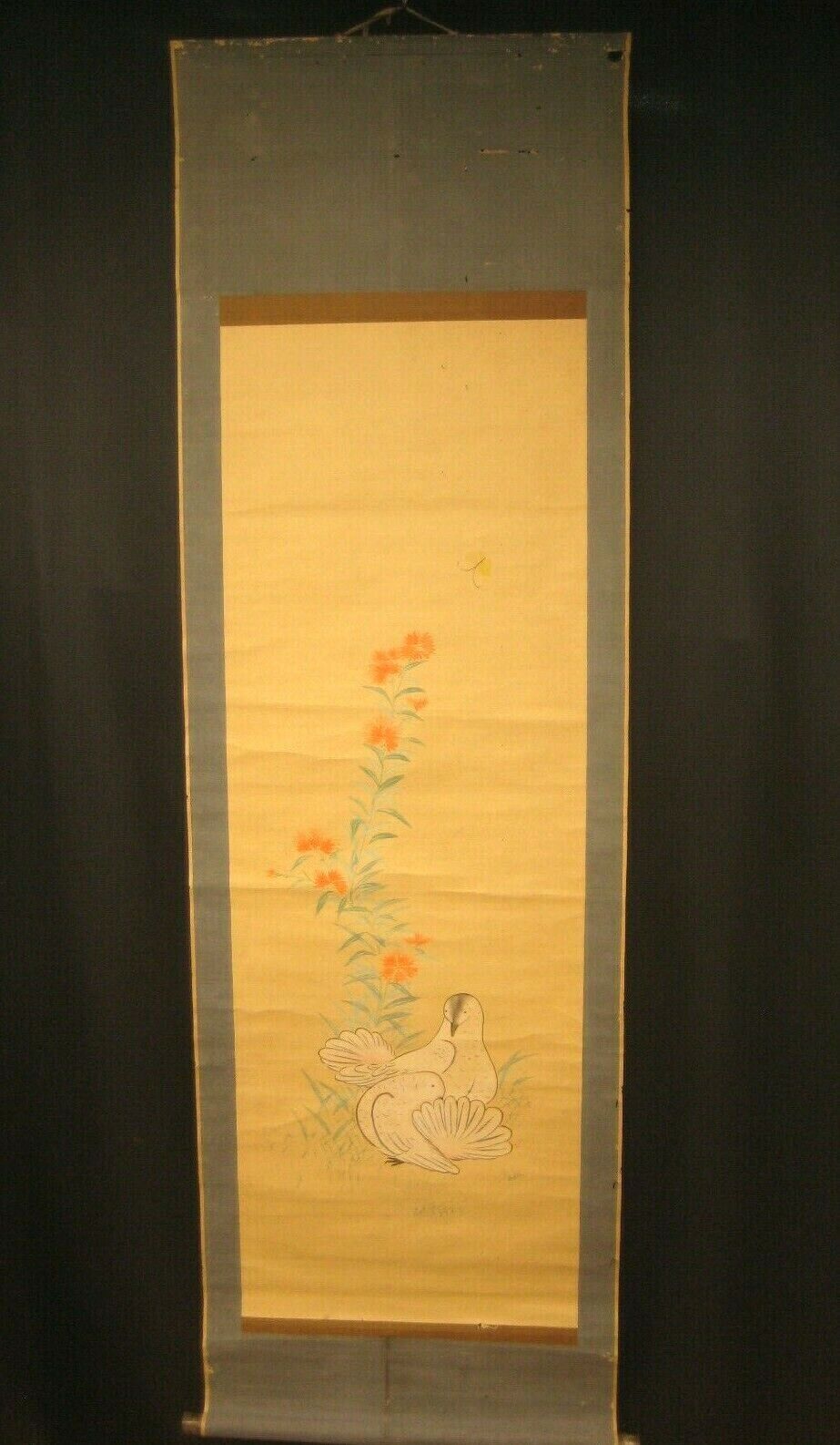 Antique Japanese Meiji Era Scroll Hand Painted Dove With Flower & Butterfly 48"