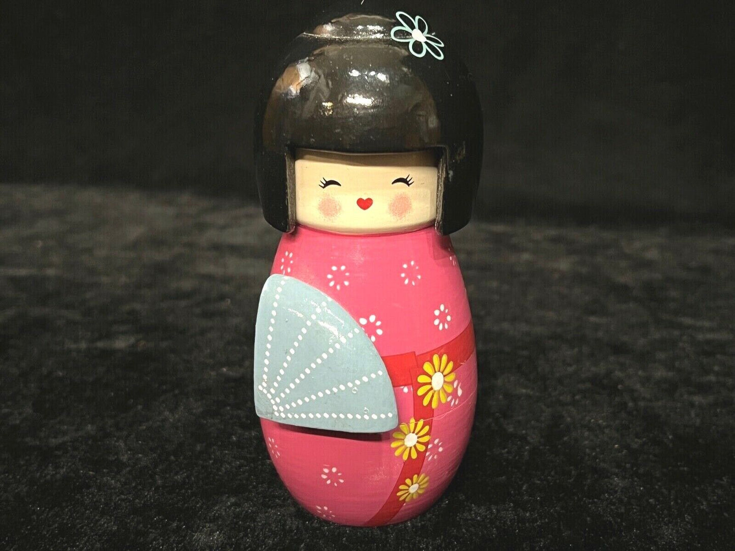 Vintage Japanese Kokeshi Wooden Doll Pink Kimono W/ Fan 5"