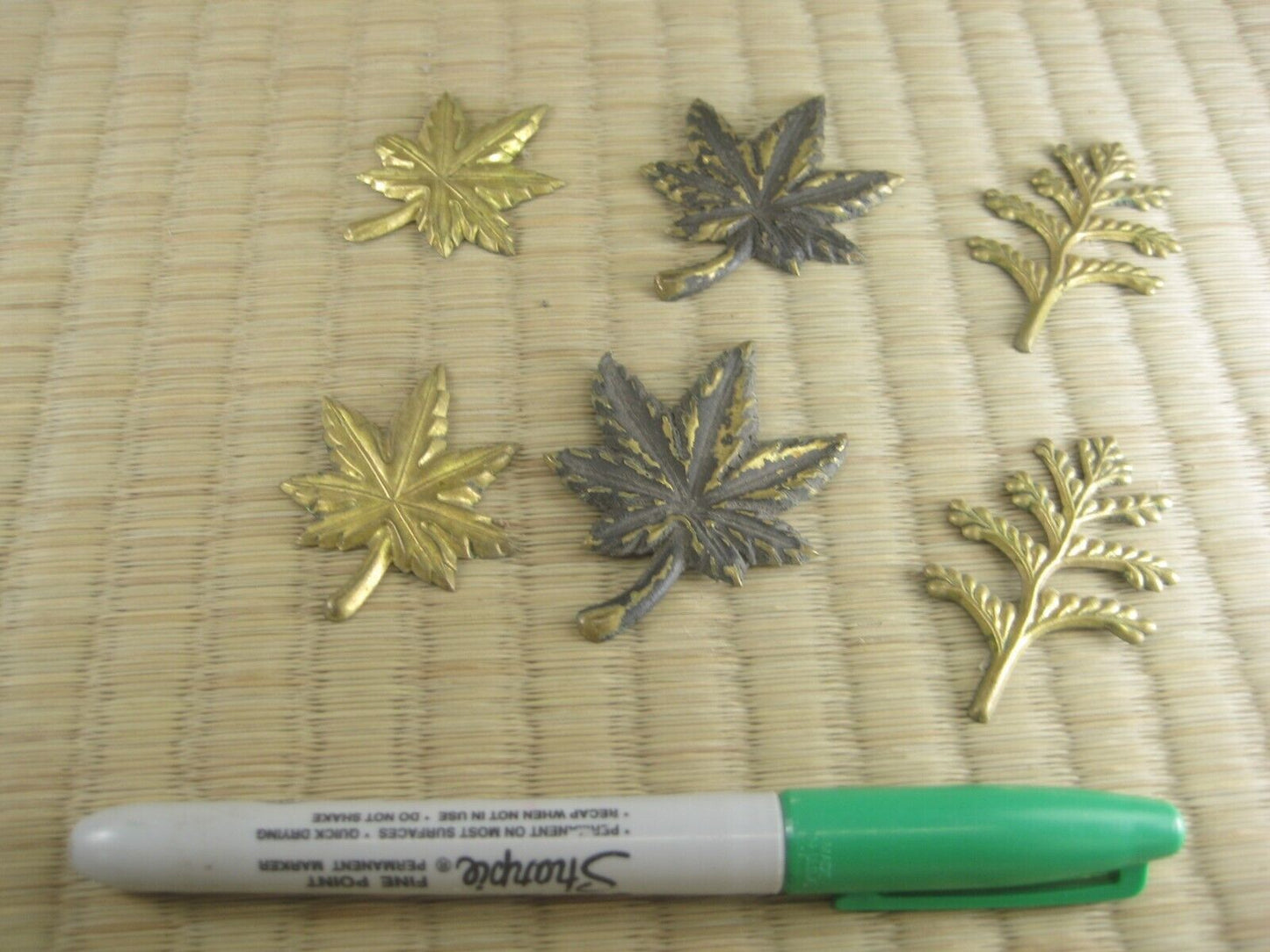 Antique Japanese Brass Stamping Set Of 6 S. & M. Maple X2 + Tree Sprig X2 2"