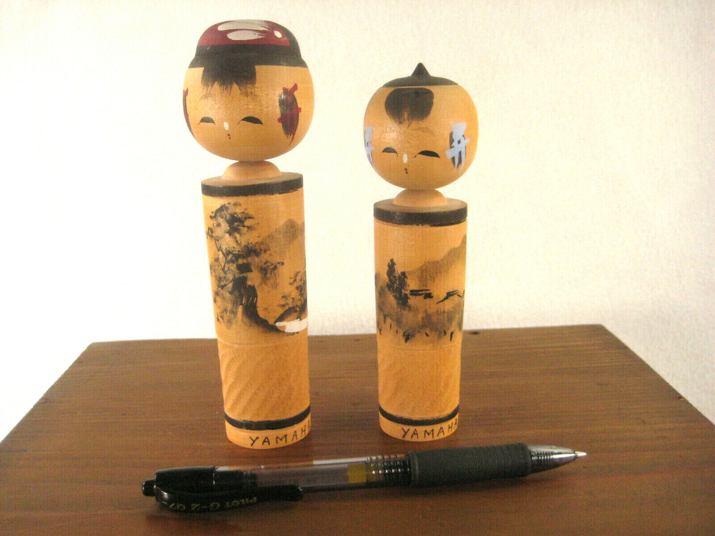 Vintage Japanese Kokeshi Pair Wooden Bobblhead Doll Hand Painted Trees 3"