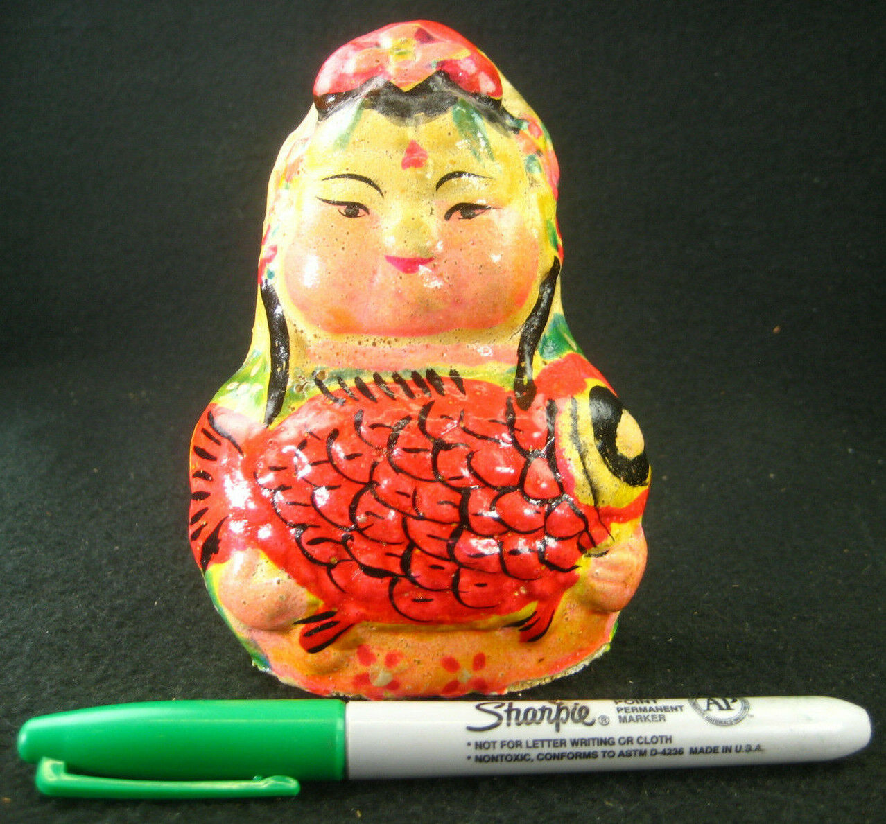 Vintage (C1950) Chinese Porcelain Lady With Red Fish Folk Art Doll Flowers