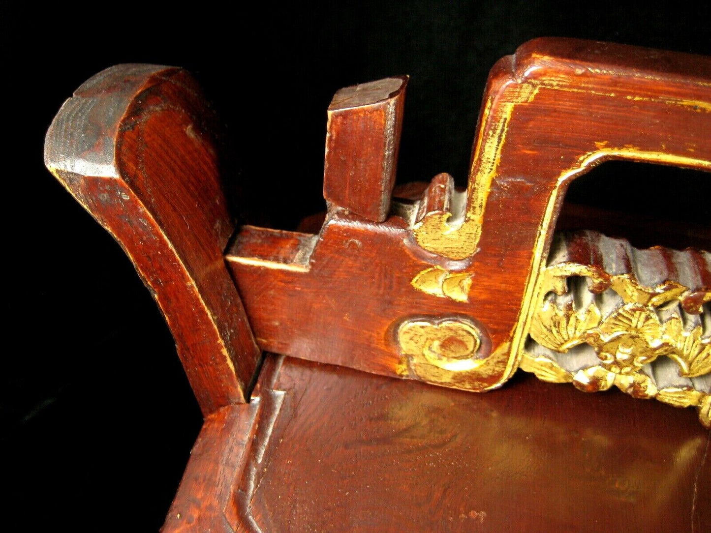 Antique Chinese Hardwood Teapot Caddy Holder W/ Bat Carving Red & Gold