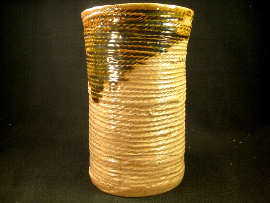 Vintage Japanese Handmade Oribe Ikebana Flower Vase With Rope Impression 10"