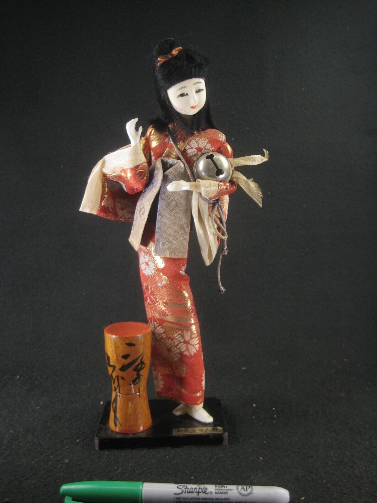 Vintage Japanese Geisha Doll W/ Bell In Red & White Sakura Kimono 11"