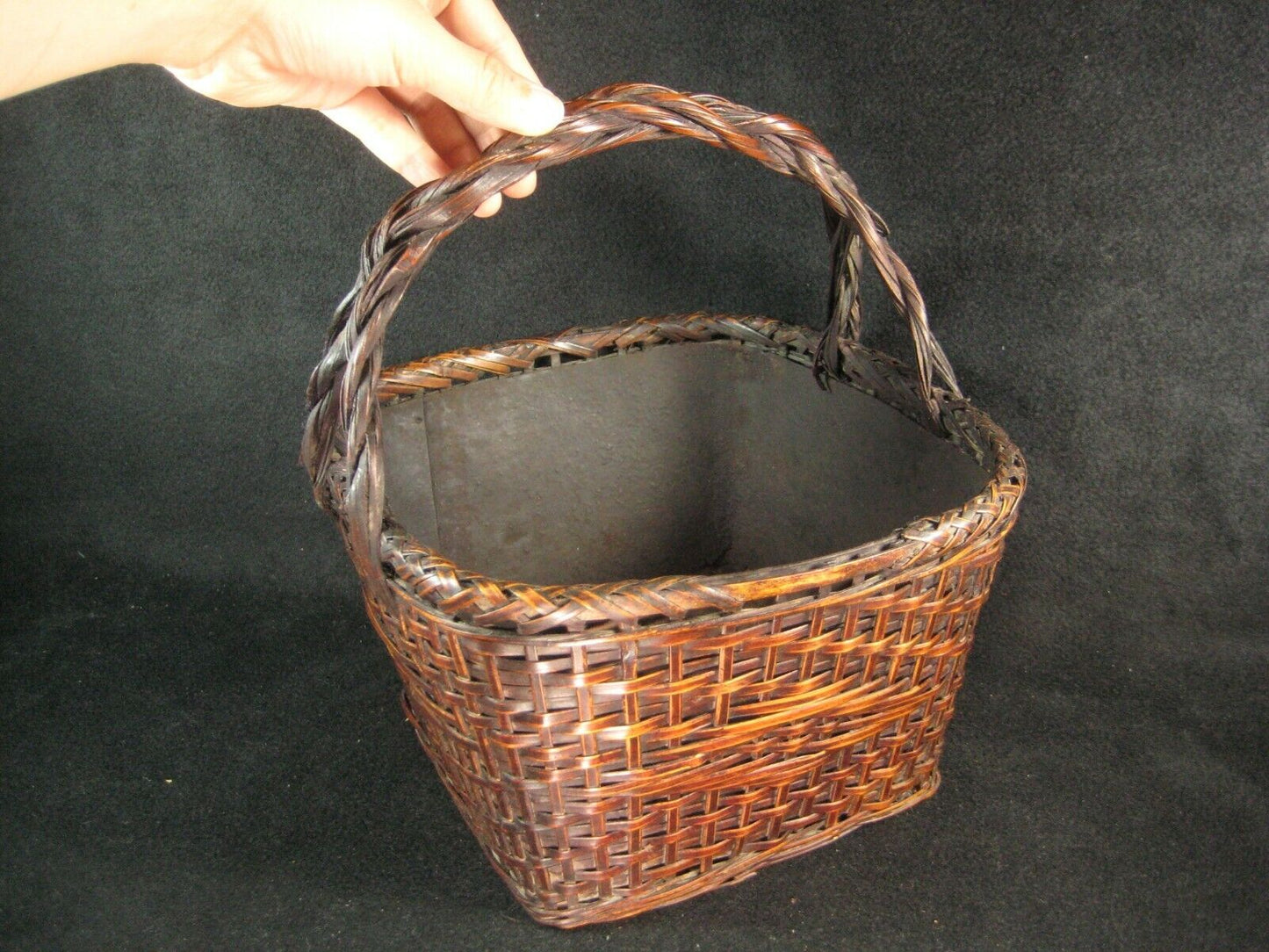 Antique Japanese (C. 1920) Tin Lined Bamboo Basket Charcoal Caddy Tea Ceremony