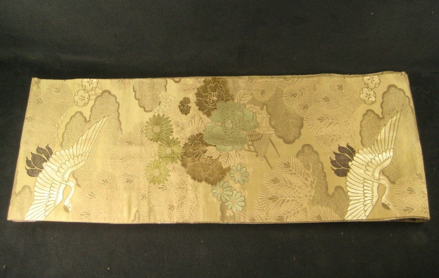 Japanese Green Obi Sash For Kimono Cranes Plum Pine Chrysanthemum Flowers