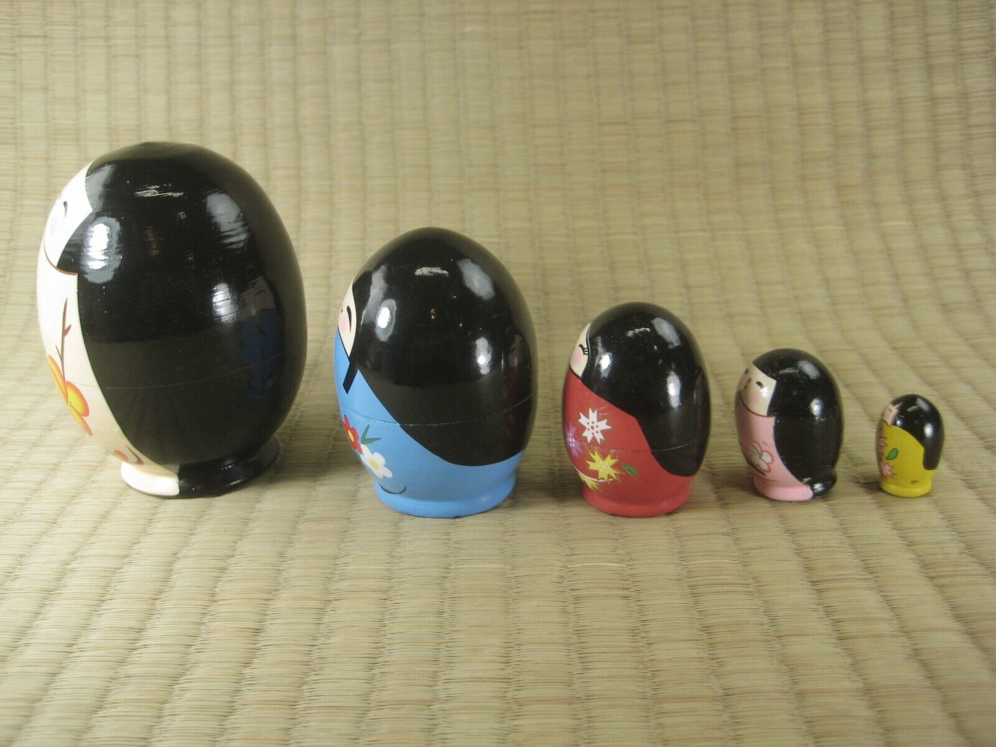 Set Of 5 Japanese Kokeshi Wooden Nesting Dolls In Floral Kimono Matryoshka 10"