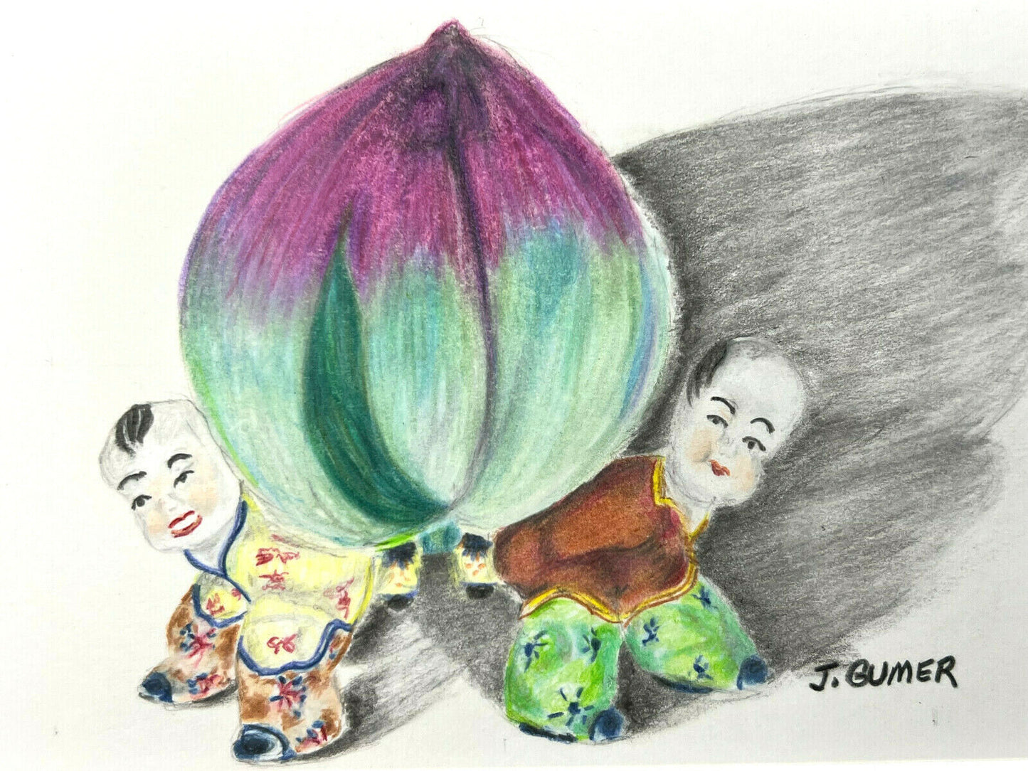 Matted Print Of Two Chinese Children By J. Gumer 10" X 8"