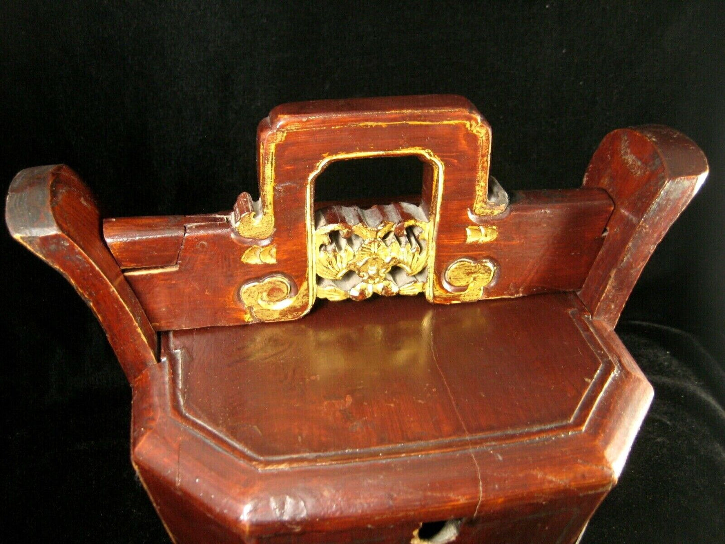 Antique Chinese Hardwood Teapot Caddy Holder W/ Bat Carving Red & Gold