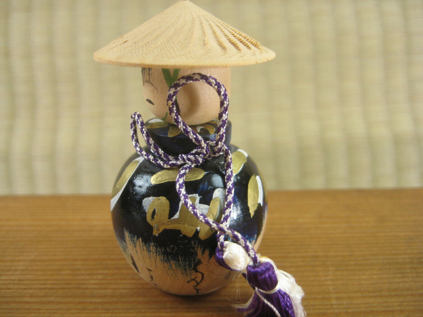 Vintage Japanese Kokeshi Small WoodenDoll W/ Hat And Calligraphy On Blue 2"