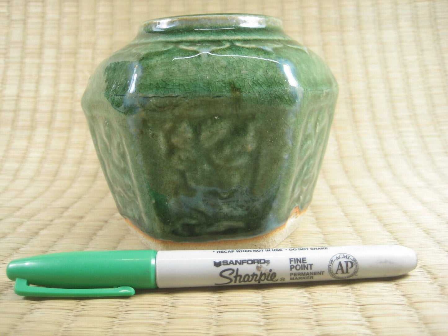 Vintage Chinese mid 20th Century Hexagonal Jar w/ Flowers Green Crackle Glaze Vase 4"
