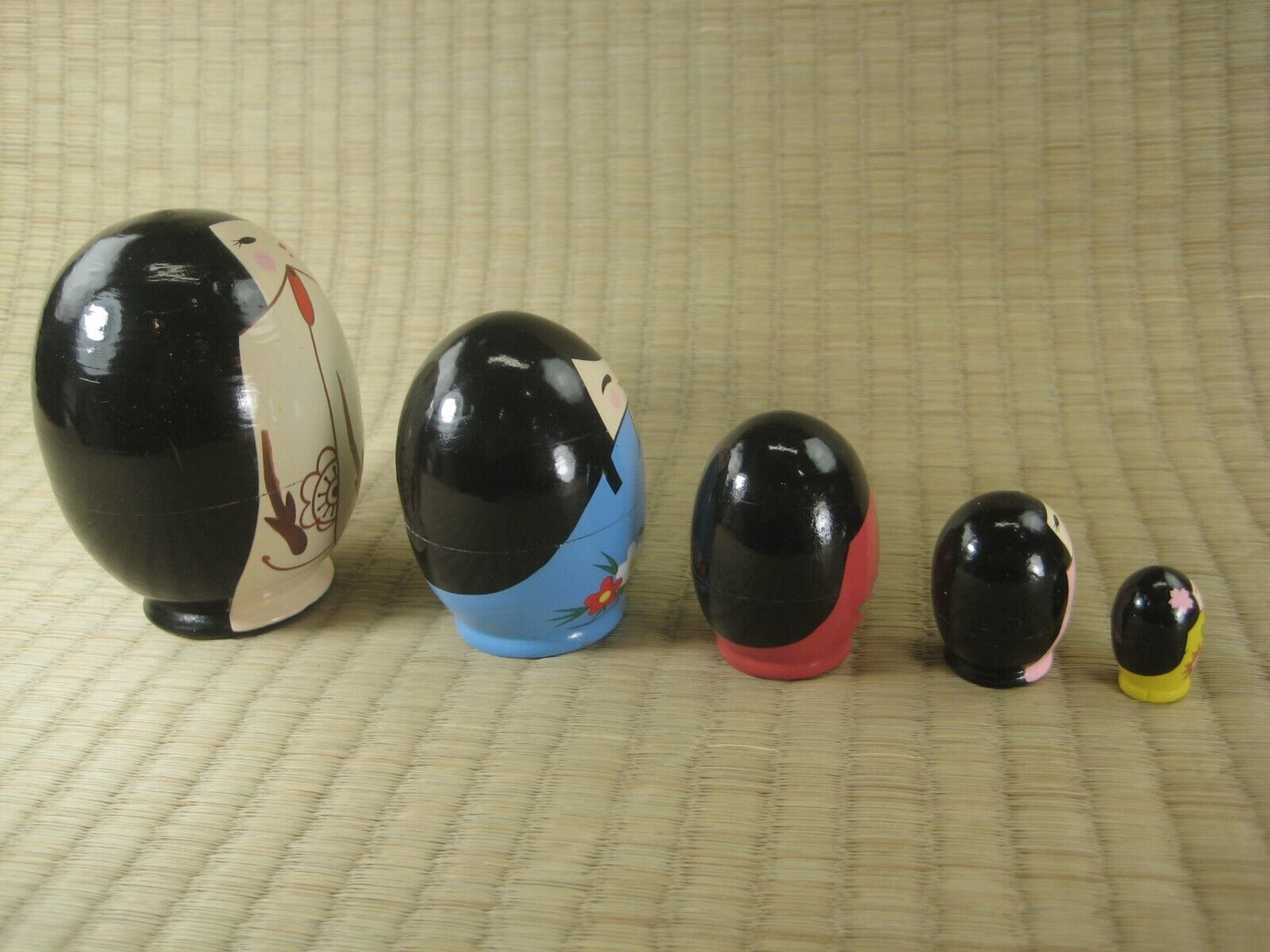 Set Of 5 Japanese Kokeshi Wooden Nesting Dolls In Floral Kimono Matryoshka 10"