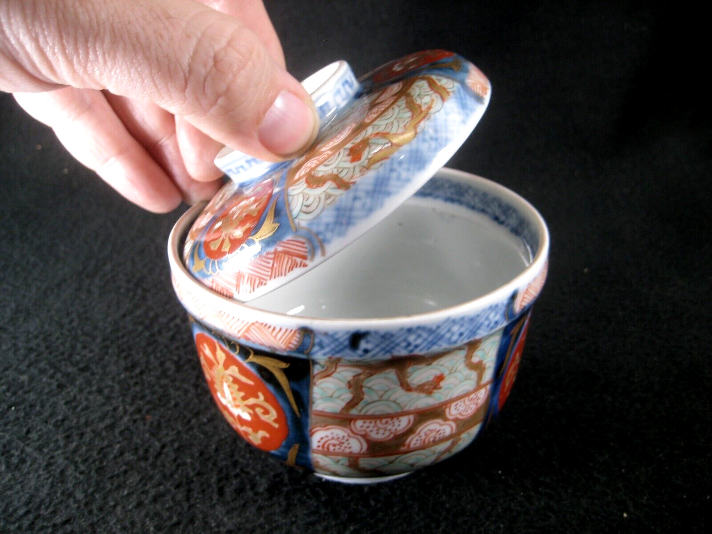 Antique Japanese (C. 1800) Lidded Ceramic Akai Imari Bowl Pheonix & Waves 4"