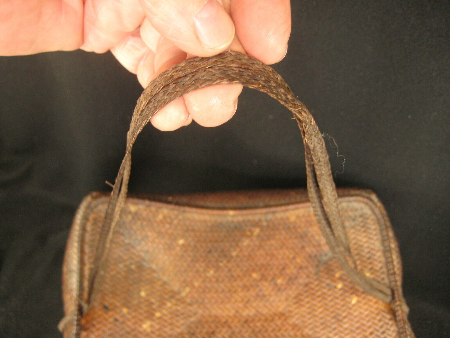 Antique Japanese Chinese Showa Era (C. 1930) Bamboo Lidded Bag Kago Basket