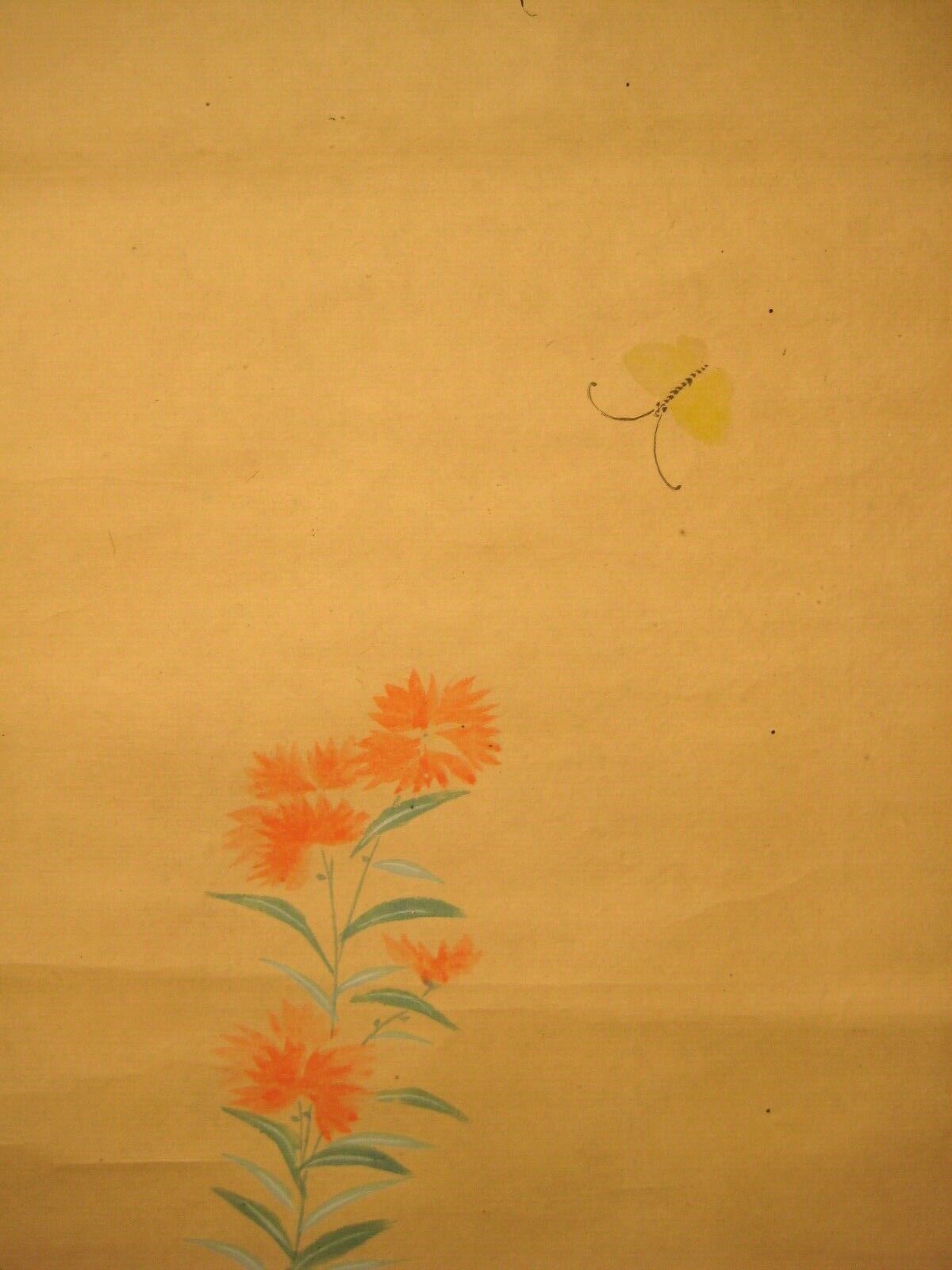 Antique Japanese Meiji Era Scroll Hand Painted Dove With Flower & Butterfly 48"